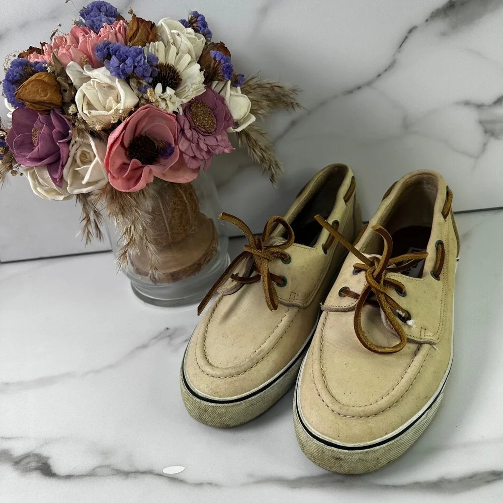 LL Bean Boat Shoes Mens 8.5M Tan Leather Lace Up Deck Shoes comfort‎ Slip In